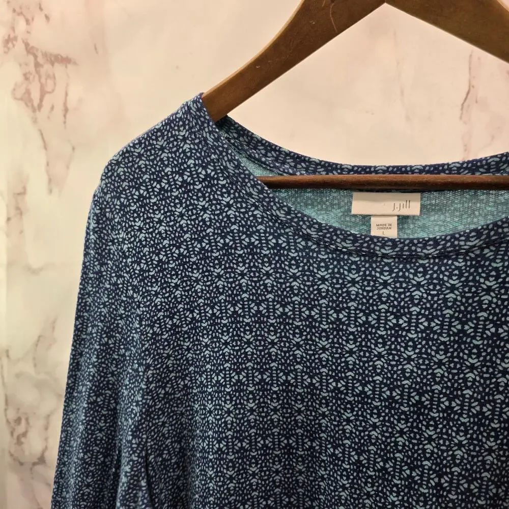 J Jill Shirt Womens Large Blue Long Sleeve Wearever Navy Geometric